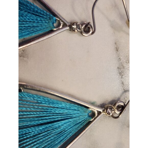 Silver & Blue Teardrop Thread Dangle Earrings Boho Chic Jewelry - Picture 4 of 5